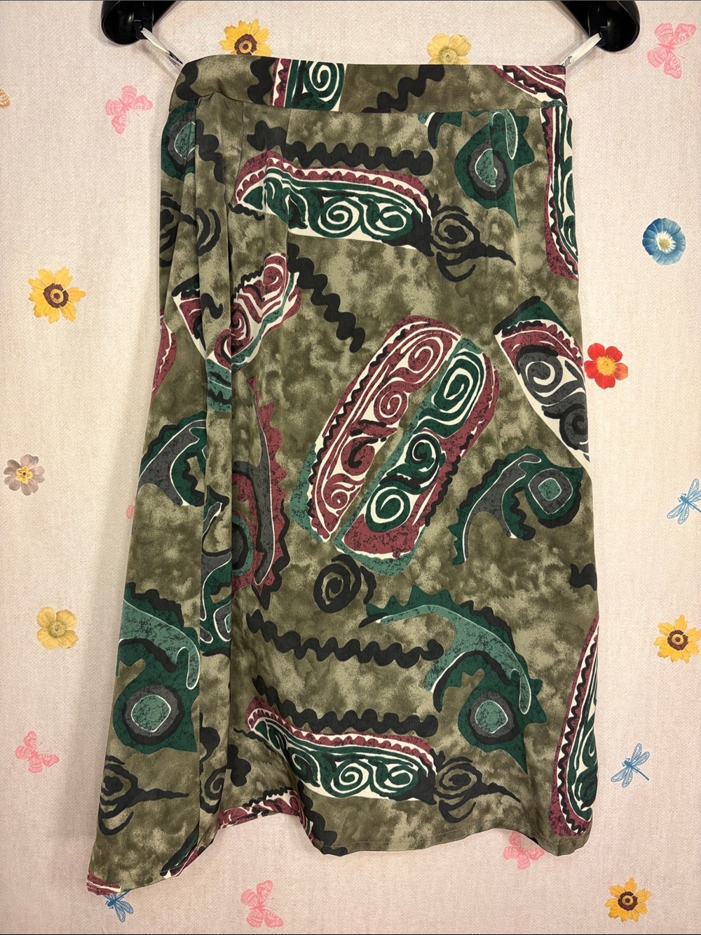 Vintage Jaeger - Printed Olive Wrap Green Midi Skirt with Abstract - Picture 4 of 8